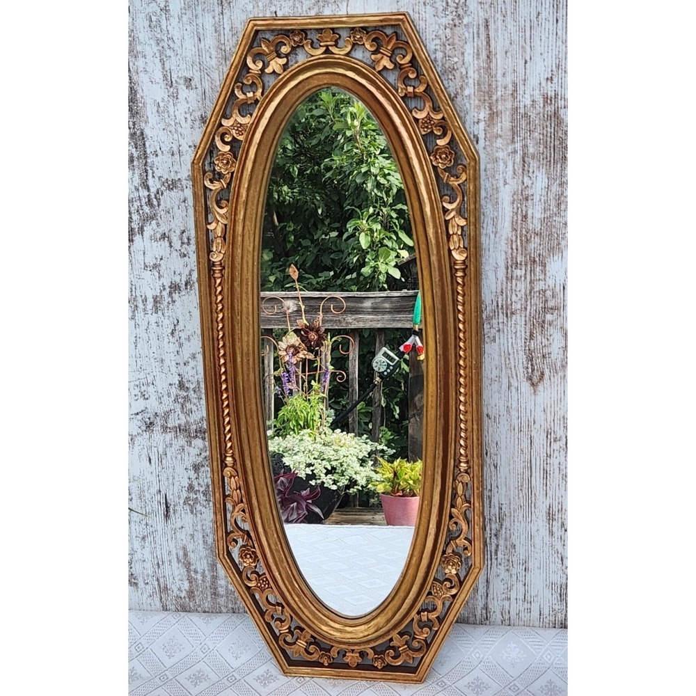 Vtg MCM Hollywood Regency Gold Octagon Wall Mirror Syroco Long Skinny Ornate '64